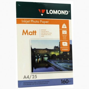 Фотобумага матовая односторонняя (Lomond) A4, 160г/м, 25л. (0102031)